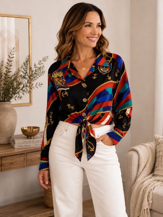 Carole Little Tops - Women's Black Multi-Color Satin Button-Front Tie Blouse